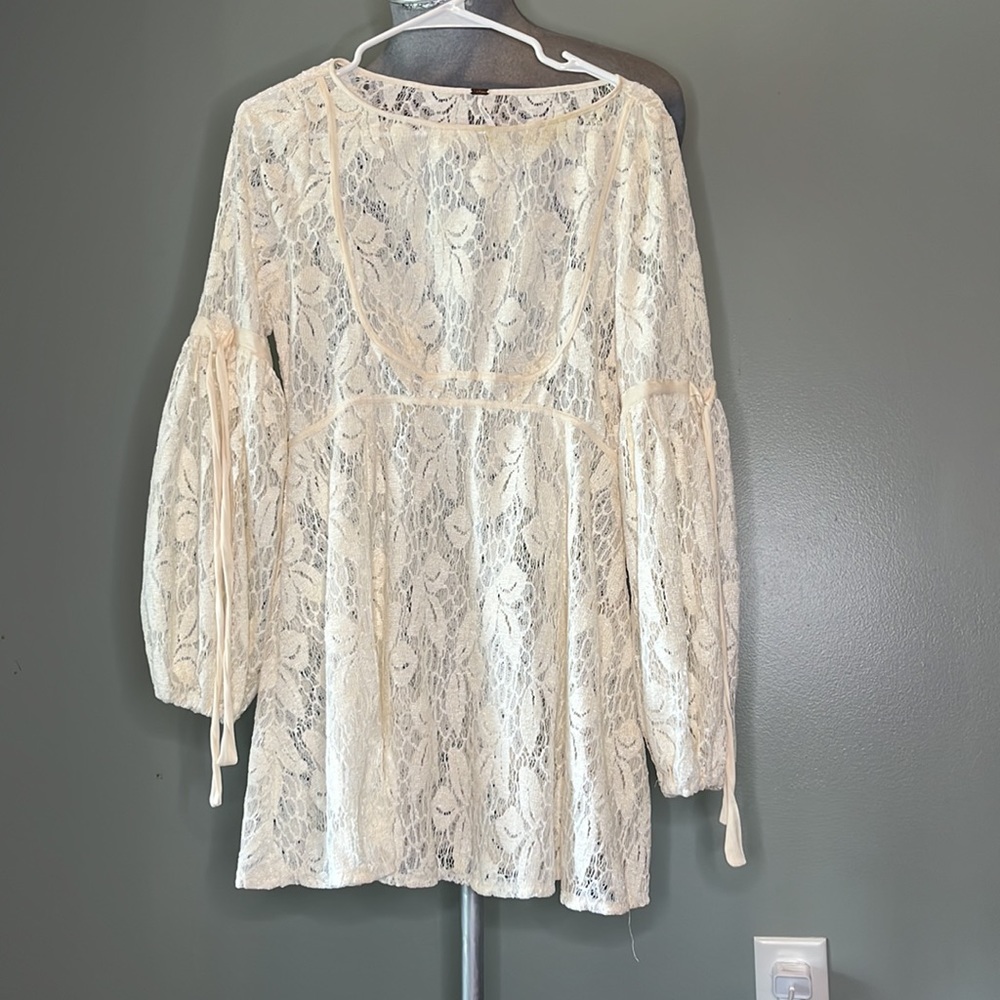 RARE HTF Free People Long Sleeve Boho Top Sz SP Lace Sheer